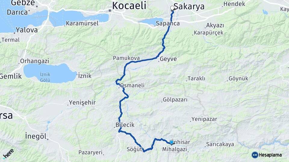 Bilecik İnhisar Sakarya Arası Kaç Km - Yol Haritası