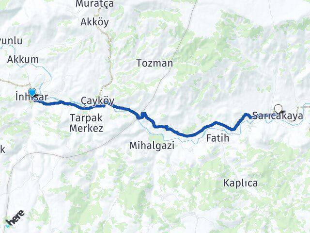 Bilecik İnhisar Sarıcakaya Eskişehir Arası Kaç Km - Yol Haritası