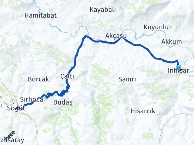Bilecik İnhisar Söğüt Arası Kaç Km - Yol Haritası