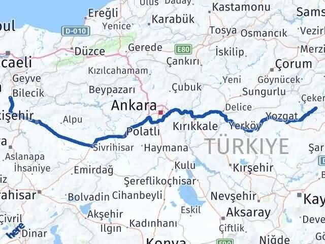 Bilecik Kadışehri Yozgat Arası Kaç Km - Yol Haritası