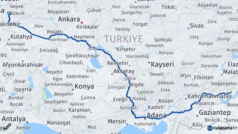 Bilecik Kahta Adıyaman Arası Kaç Km - Yol Haritası