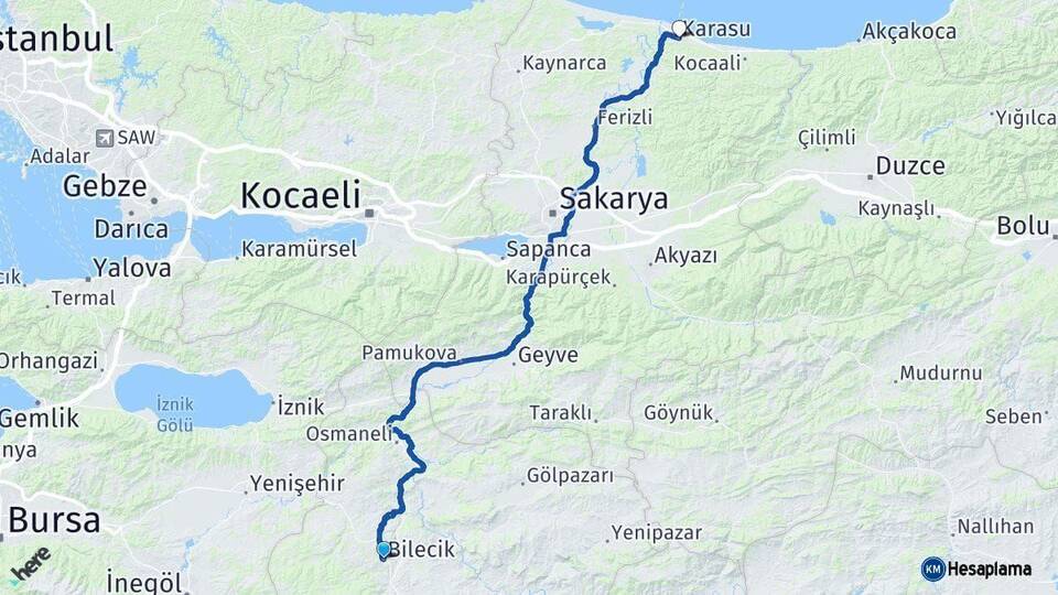 Bilecik Karasu Sakarya Arası Kaç Km - Yol Haritası