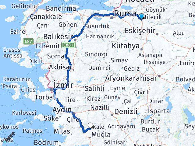 Bilecik Kavaklıdere Muğla Arası Kaç Km - Yol Haritası