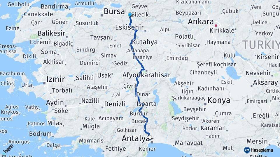 Bilecik Kepez Antalya Arası Kaç Km - Yol Haritası