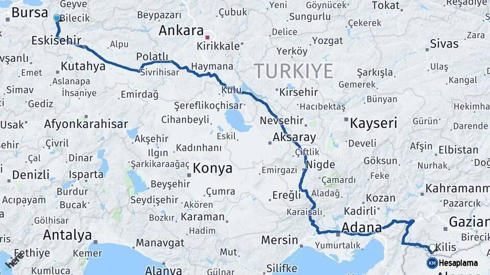 Bilecik Kilis Arası Kaç Km - Yol Haritası