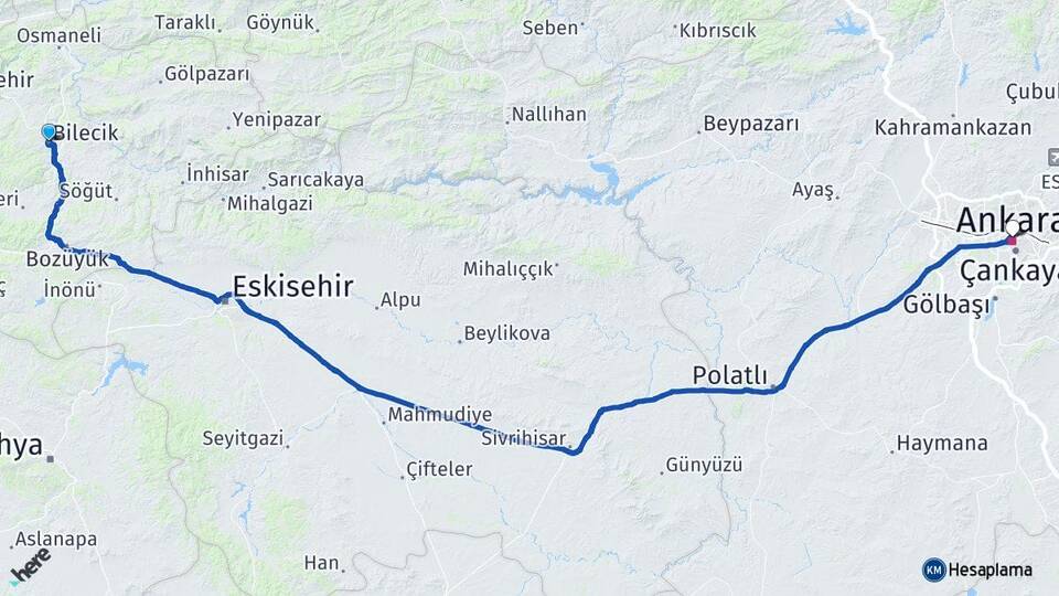 Bilecik Kızılay Çankaya Ankara Arası Kaç Km - Yol Haritası