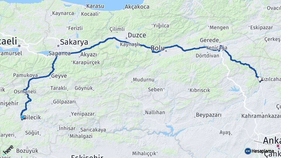 Bilecik Kızılcahamam Ankara Arası Kaç Km - Yol Haritası