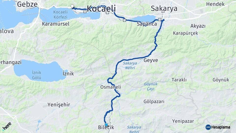 Bilecik Körfez Kocaeli Arası Kaç Km - Yol Haritası