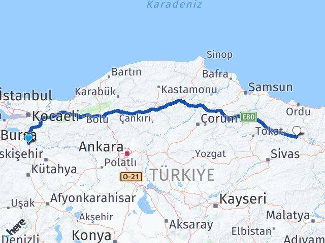 Bilecik Koyulhisar Sivas Arası Kaç Km - Yol Haritası