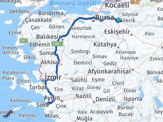 Bilecik Kuşadası Aydın Arası Kaç Km - Yol Haritası