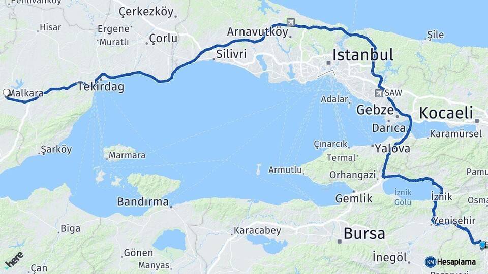 Bilecik Malkara Tekirdağ Arası Kaç Km - Yol Haritası