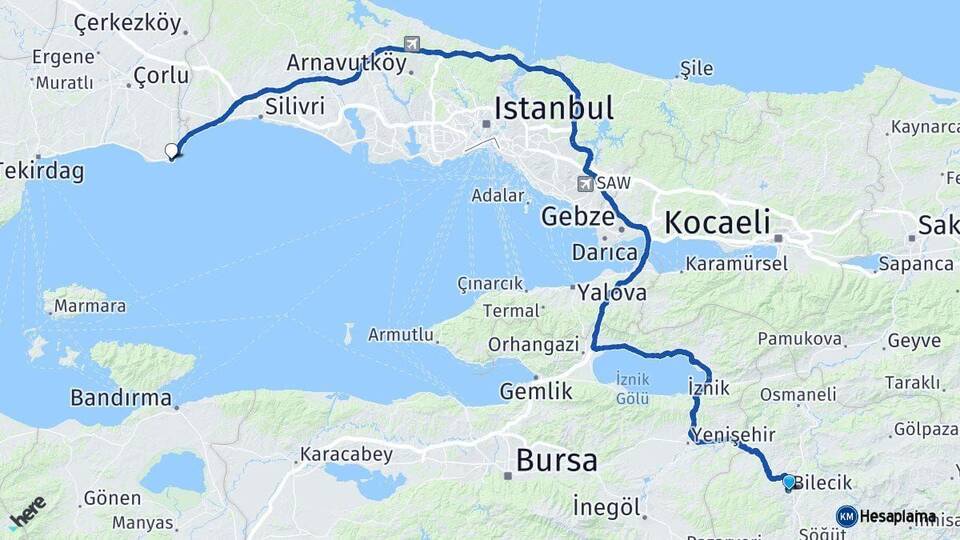 Bilecik Marmaraereğlisi Tekirdağ Arası Kaç Km - Yol Haritası