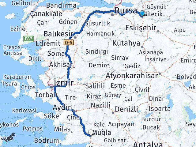 Bilecik Menteşe Muğla Arası Kaç Km - Yol Haritası