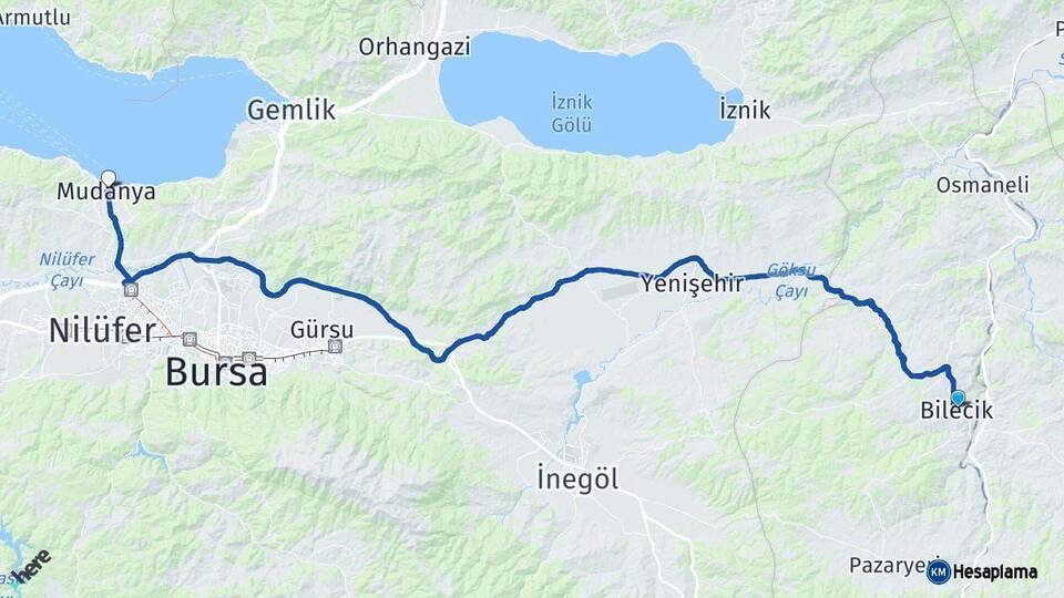 Bilecik Mudanya Bursa Arası Kaç Km - Yol Haritası