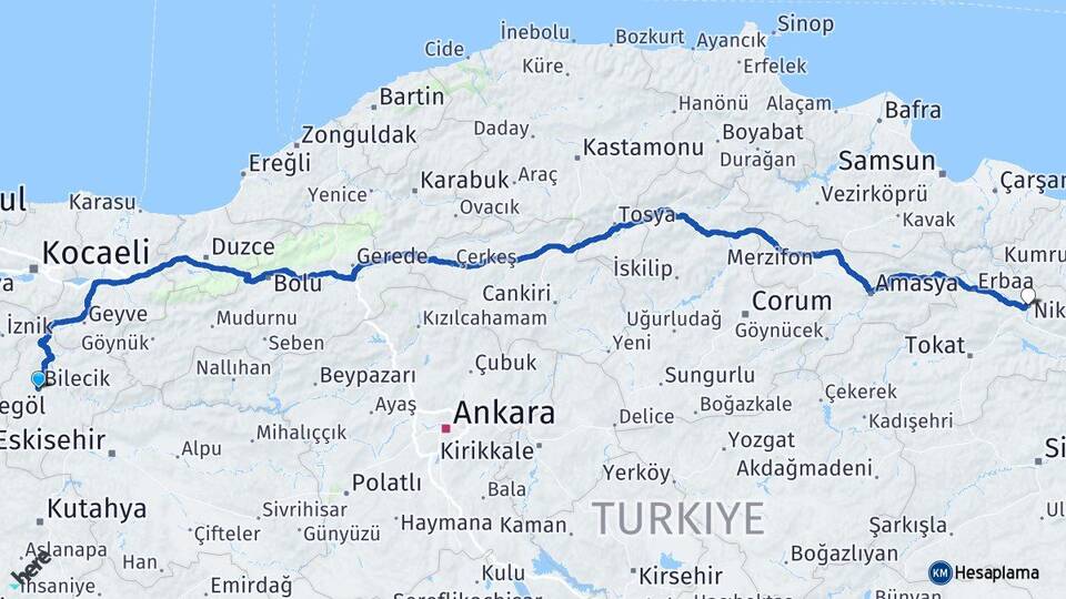 Bilecik Niksar Tokat Arası Kaç Km - Yol Haritası
