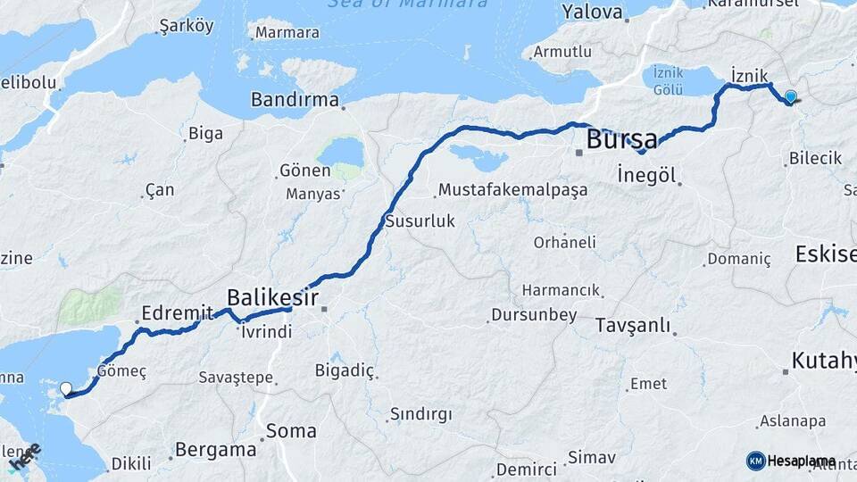 Bilecik Osmaneli Ayvalık Balıkesir Arası Kaç Km - Yol Haritası
