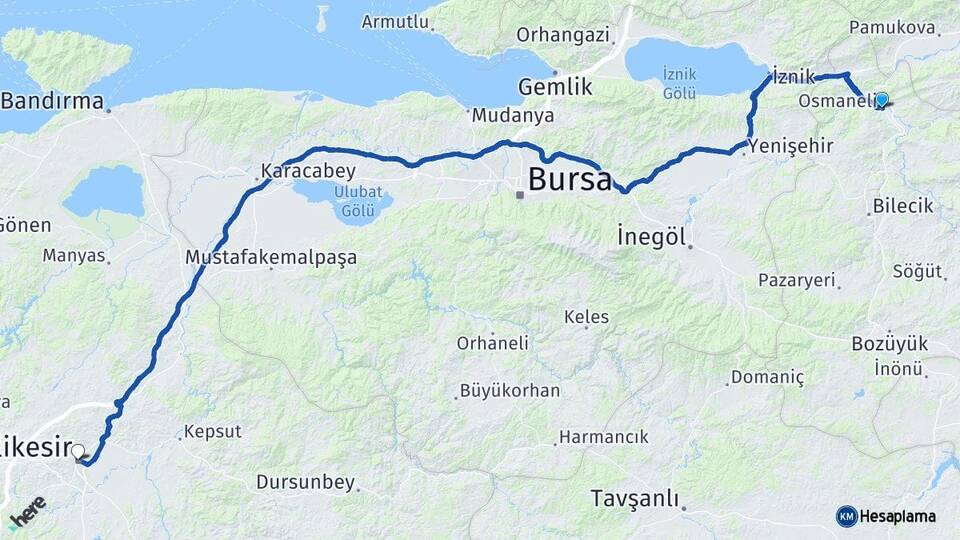Bilecik Osmaneli Balıkesir Arası Kaç Km - Yol Haritası