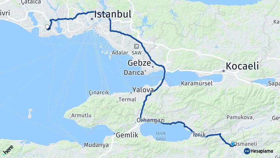 Bilecik Osmaneli Beylikdüzü İstanbul Arası Kaç Km - Yol Haritası