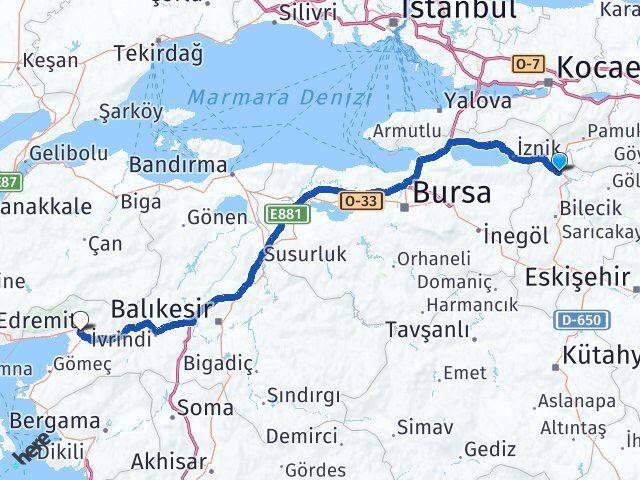 Bilecik Osmaneli Edremit Balıkesir Arası Kaç Km - Yol Haritası