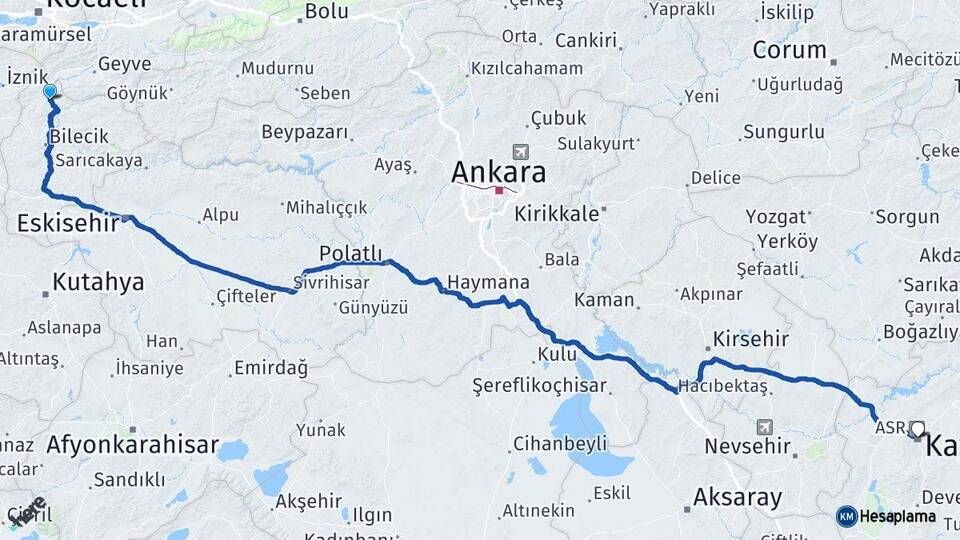 Bilecik Osmaneli Kayseri Arası Kaç Km - Yol Haritası