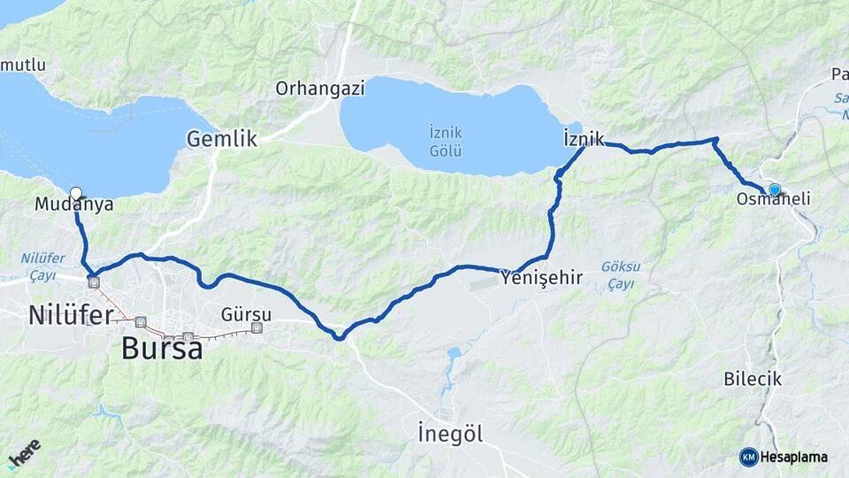 Bilecik Osmaneli Mudanya Bursa Arası Kaç Km - Yol Haritası