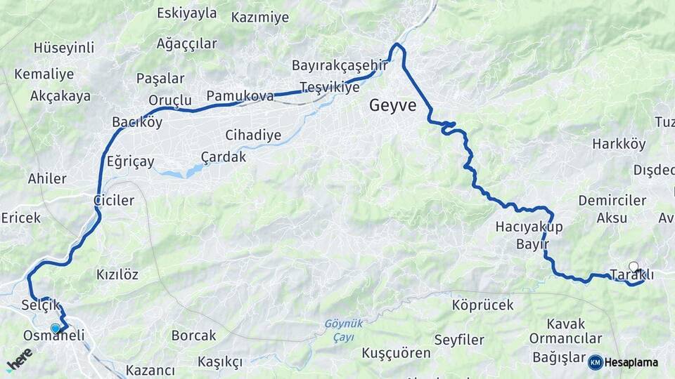 Bilecik Osmaneli Taraklı Sakarya Arası Kaç Km - Yol Haritası