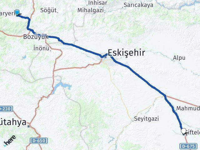 Bilecik Pazaryeri Çifteler Eskişehir Arası Kaç Km - Yol Haritası