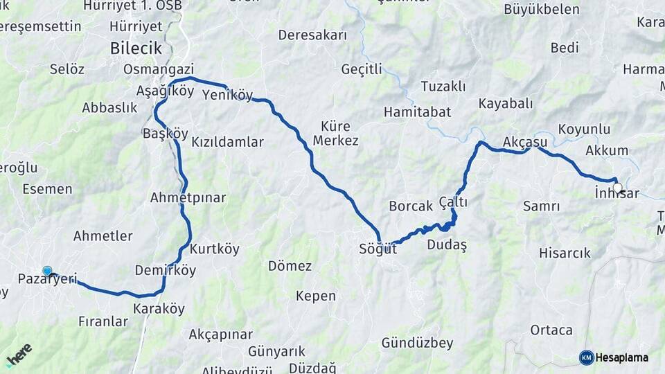 Bilecik Pazaryeri İnhisar Arası Kaç Km - Yol Haritası
