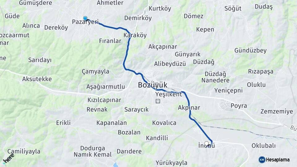 Bilecik Pazaryeri İnönü Eskişehir Arası Kaç Km - Yol Haritası