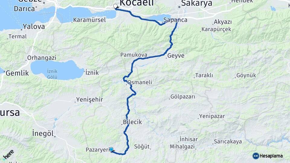 Bilecik Pazaryeri İzmit Kocaeli Arası Kaç Km - Yol Haritası