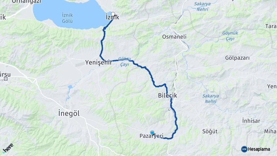 Bilecik Pazaryeri İznik Bursa Arası Kaç Km - Yol Haritası