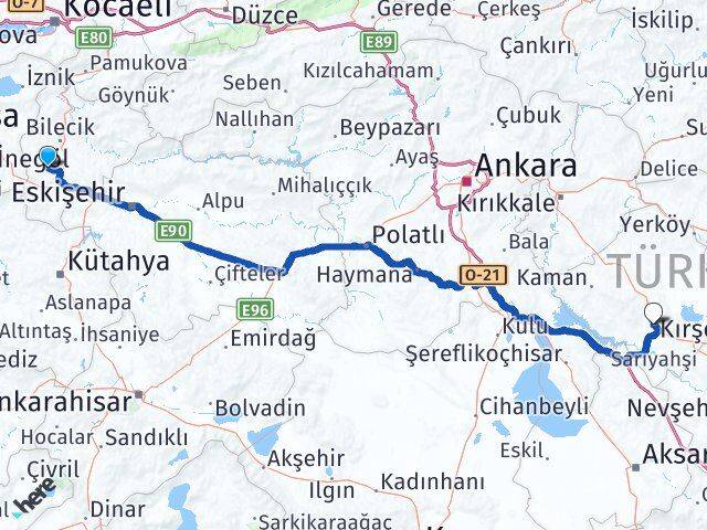 Bilecik Pazaryeri Kırşehir Arası Kaç Km - Yol Haritası