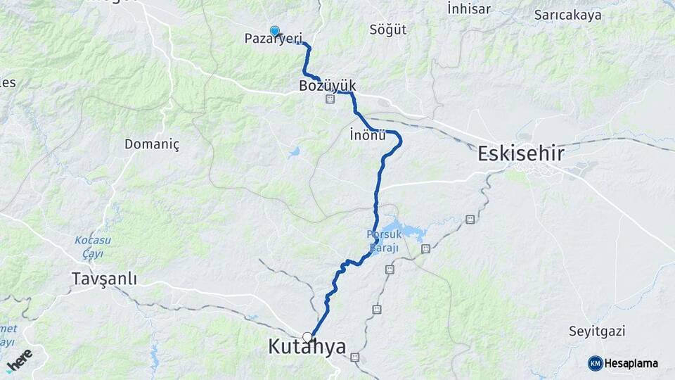 Bilecik Pazaryeri Kütahya Arası Kaç Km - Yol Haritası