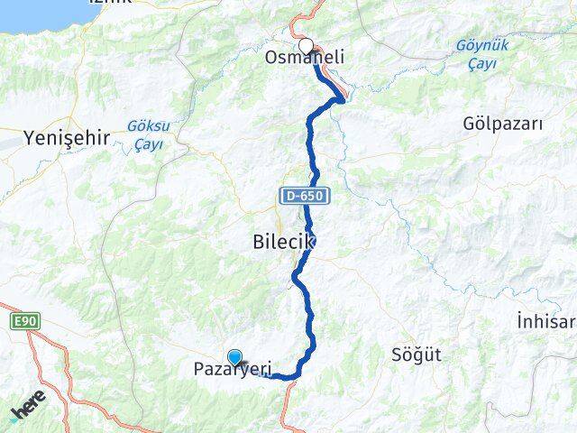 Bilecik Pazaryeri Osmaneli Arası Kaç Km - Yol Haritası
