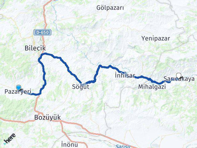 Bilecik Pazaryeri Sarıcakaya Eskişehir Arası Kaç Km - Yol Haritası