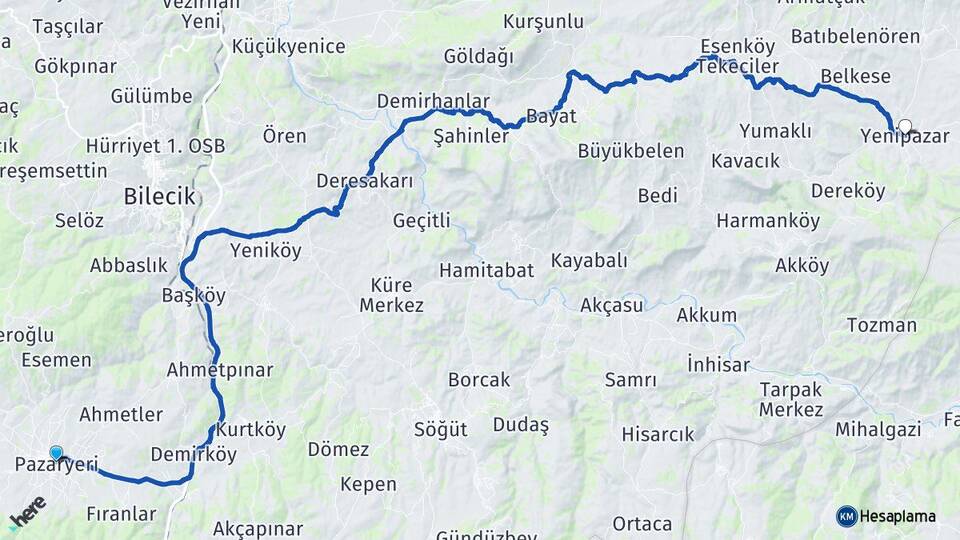 Bilecik Pazaryeri Yenipazar Arası Kaç Km - Yol Haritası