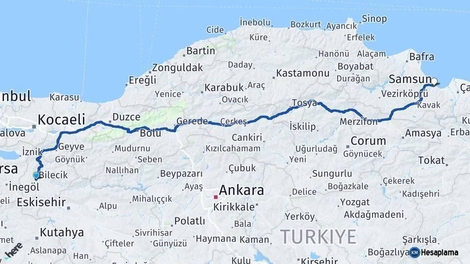 Bilecik Samsun Arası Kaç Km - Yol Haritası