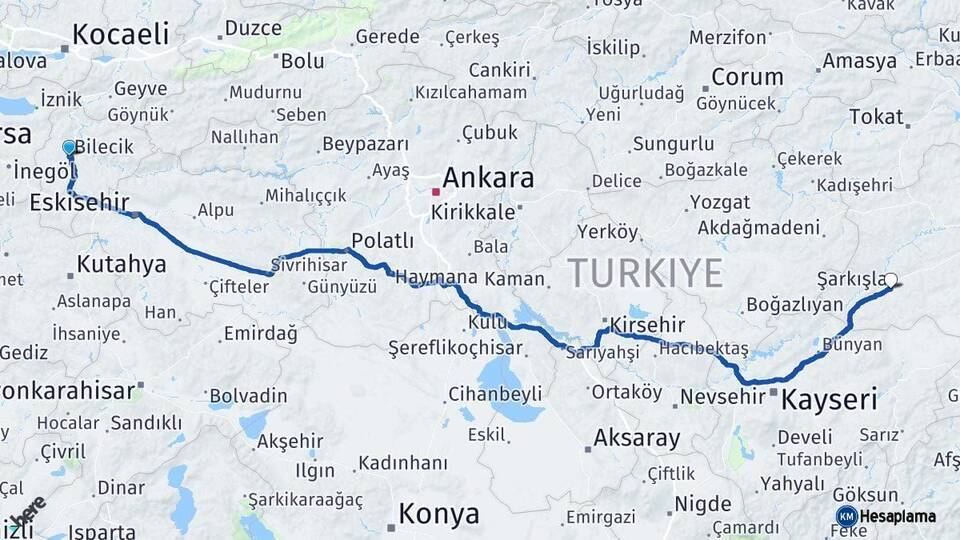 Bilecik Şarkışla Sivas Arası Kaç Km - Yol Haritası