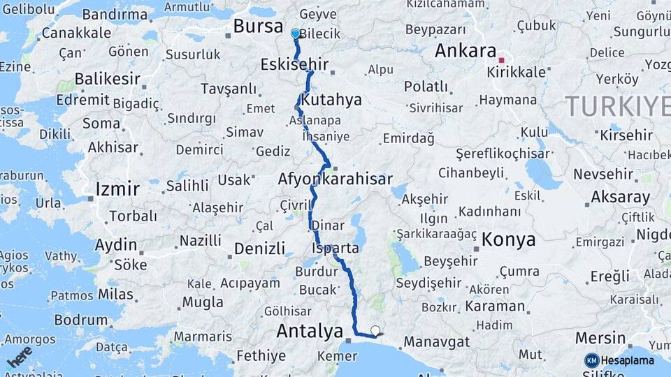 Bilecik Serik Antalya Arası Kaç Km - Yol Haritası