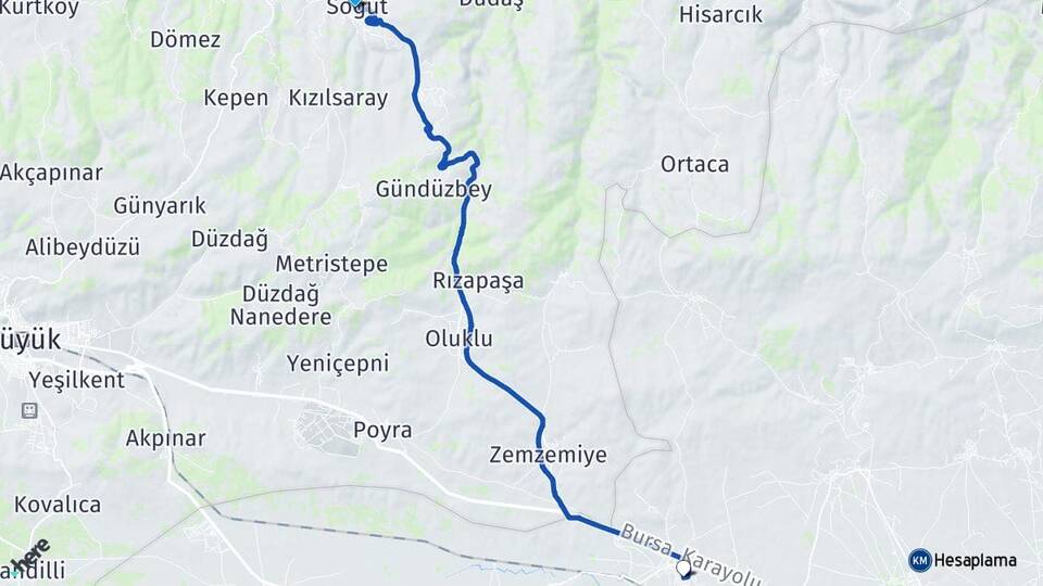 Bilecik Söğüt Çukurhisar Yeni Tepebaşı Eskişehir Arası Kaç Km - Yol Haritası