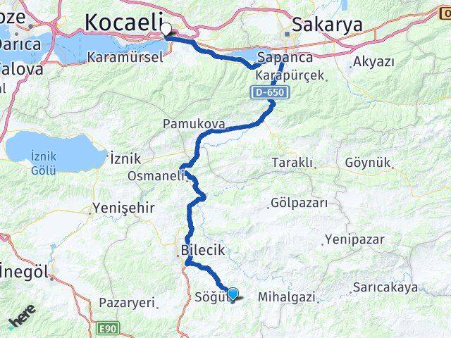 Bilecik Söğüt İzmit Kocaeli Arası Kaç Km - Yol Haritası