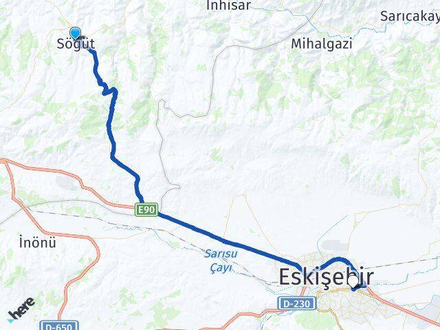 Bilecik Söğüt Odunpazarı Eskişehir Arası Kaç Km - Yol Haritası