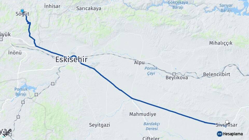 Bilecik Söğüt Sivrihisar Eskişehir Arası Kaç Km - Yol Haritası