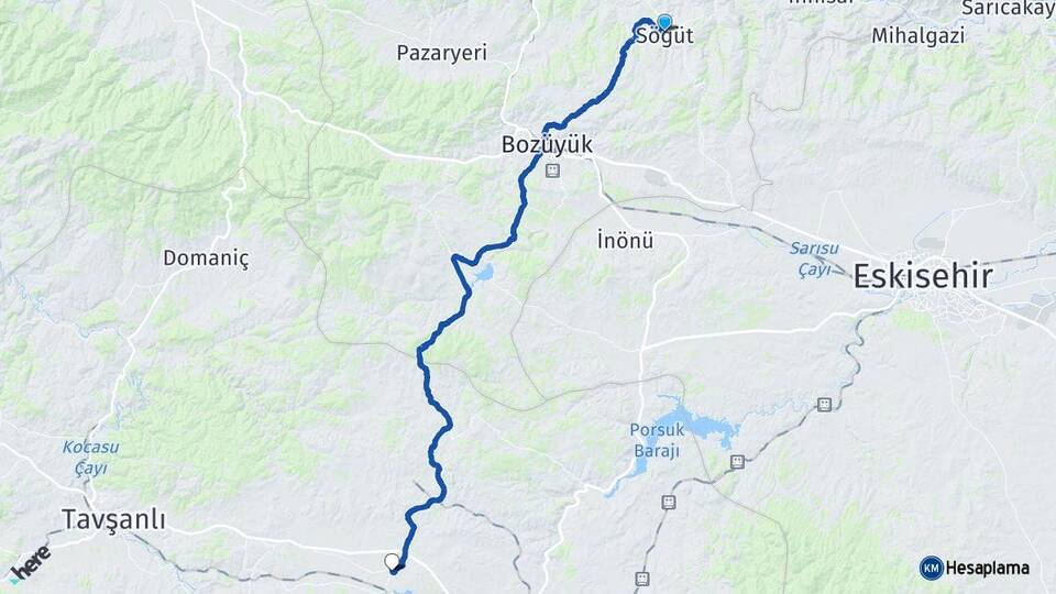 Bilecik Söğüt Yoncalı Kütahya Arası Kaç Km - Yol Haritası