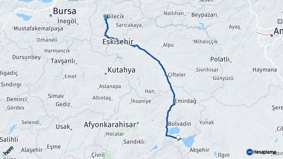 Bilecik Sultandağı Afyonkarahisar Arası Kaç Km - Yol Haritası