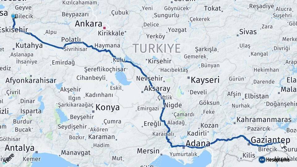 Bilecik Suruç Şanlıurfa Arası Kaç Km - Yol Haritası