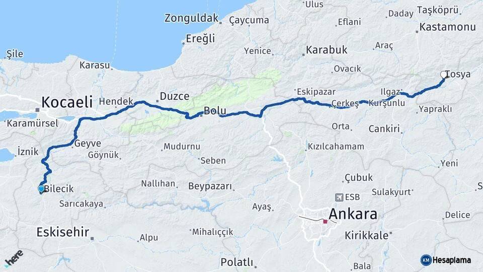 Bilecik Tosya Kastamonu Arası Kaç Km - Yol Haritası