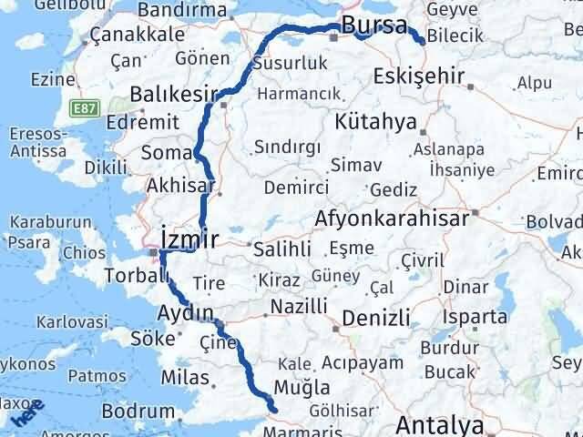 Bilecik Ula Muğla Arası Kaç Km - Yol Haritası
