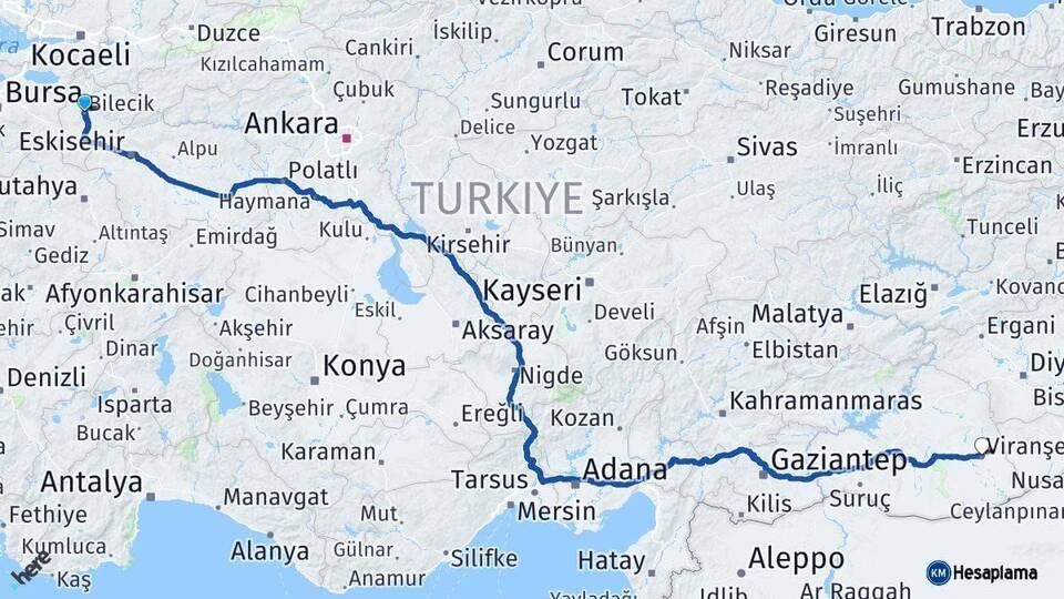 Bilecik Viranşehir Şanlıurfa Arası Kaç Km - Yol Haritası
