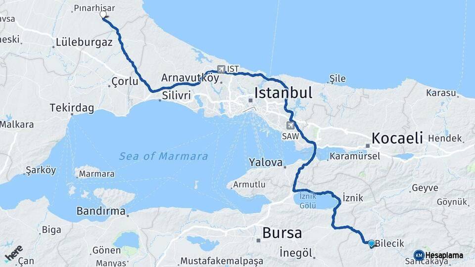 Bilecik Vize Kırklareli Arası Kaç Km - Yol Haritası
